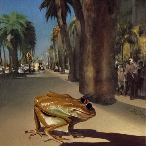 Image similar to painting of a bipedal frog walking down the hollywood walk of fame, palm trees, francisco goya