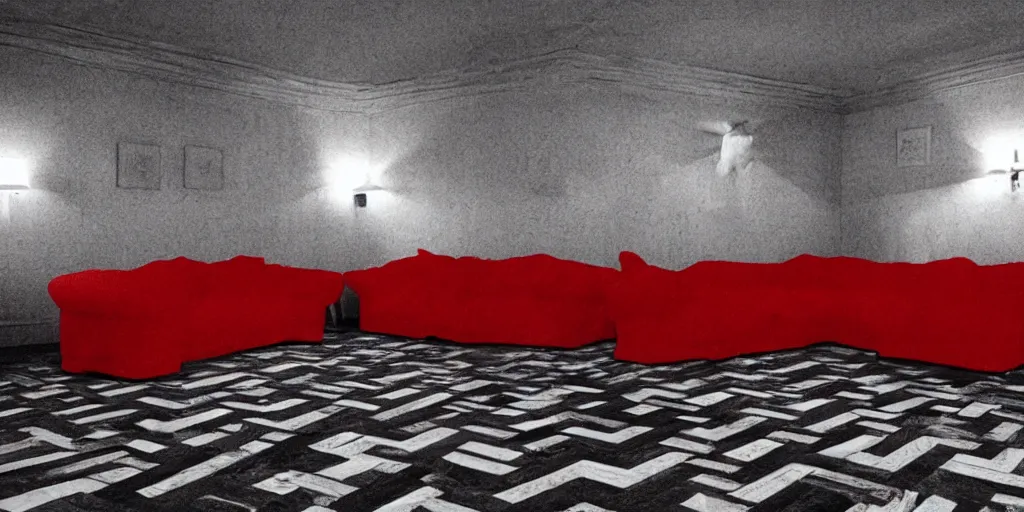 Image similar to love island in the red room, twin peaks. in the style of david lynch, black and white zig zag floor, strange, weird