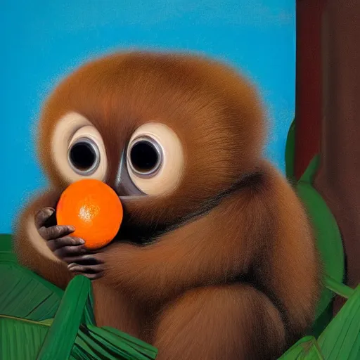 Prompt: hyper realistic cute fluffy big-eared brown Cheburashka with big eyes, holding a tangerine, by Edward Hopper and James Gilleard, Zdzislaw Beksisnski, higly detailed