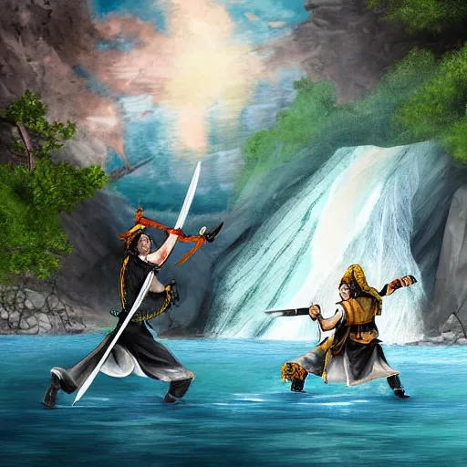 Image similar to two pirates having a sword duel on top of a rope bridge in front of a large waterfall, digital art