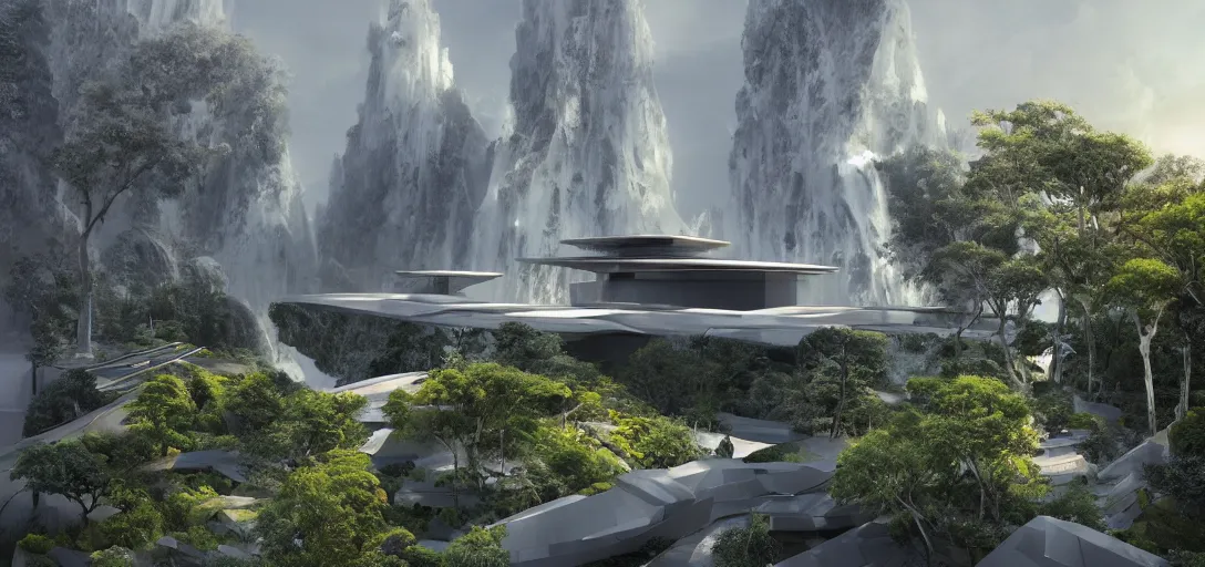 Prompt: highly detailed futuristic fantasy temple architecture by Tadao Ando and, reflective lighting, holographic, stylized vegetation, ground-level view, stunning sunny lighting, sunrise, foggy atmosphere, waterfalls, vivid colors, lights, in the style of pixar animation, trending on Artstation, 8k, matte painting, ray tracing, hyper detailed, unreal engine 5, cinematic, epic lighting, cryengine, octane render, cyberpunk, red and orange glow, vibrant