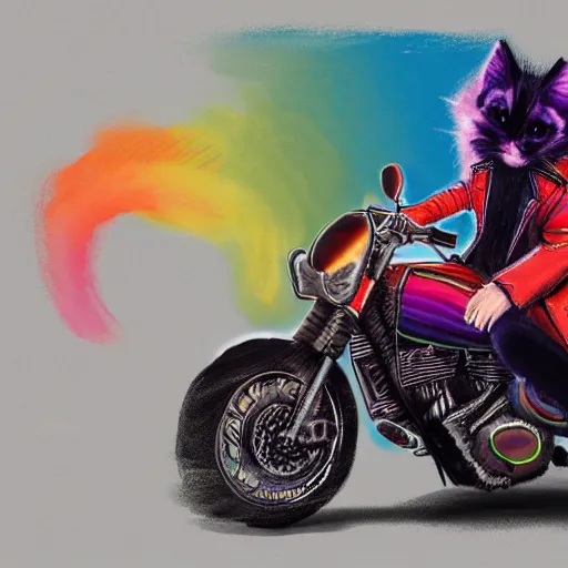 Image similar to wide angle full body, jacket wearing fluffy cute rainbow kitten wearing a black leather motorcycle jacket, riding on a motorcycle, cinematic concept art