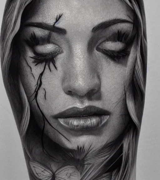 Image similar to amazing blend of a hyper realistic mountain scenery with a beautiful woman face, tattoo design sketch, in the style of matteo pasqualin, hyper - realistic, amazing detail, black and white