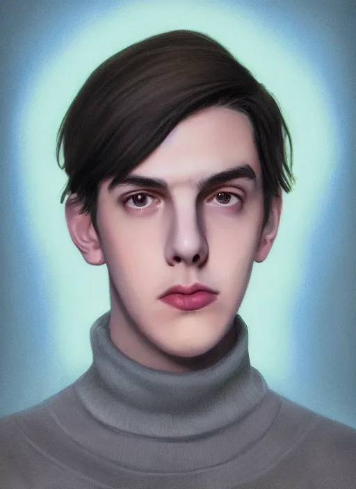 Image similar to portrait of teenage jughead jones wearing a light grey crown, crown, blue turtleneck, 1 9 5 0 s, closed eyes, photorealistic, black hair, glowing lighting, intricate, elegant, glowing lights, highly detailed, digital painting, artstation, concept art, smooth, sharp focus, illustration, art by wlop, mars ravelo and greg rutkowski