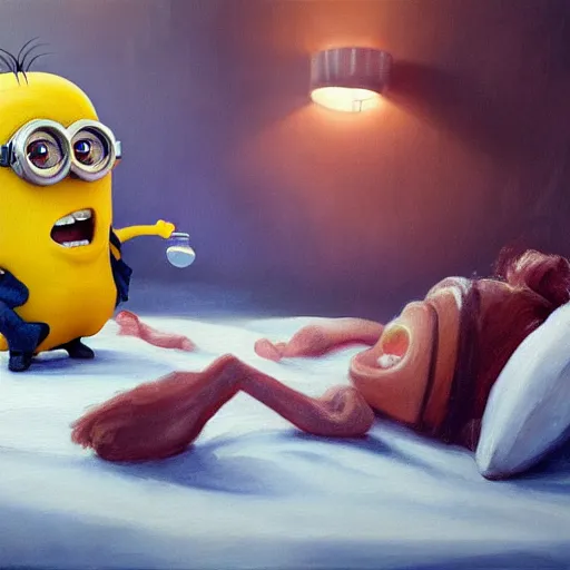 Image similar to an epic painting of minion, sick with a cold, lying in bed, holding thermometer in mouth, oil on canvas, perfect composition, golden ratio, beautiful detailed, photorealistic, digital painting, concept art, smooth, sharp focus, illustration, artstation trending, octane render, unreal engine