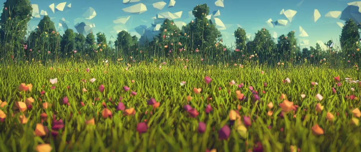 Prompt: 3 d render low poly art, flowers, field of dreams, unreal engine, dreamy, bokeh