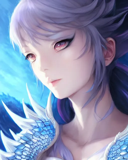 Image similar to character concept art of a woman with ice dragon horns and wings | | very anime, dragon scales, cute - fine - face, pretty face, realistic shaded perfect face, fine details by stanley artgerm lau, wlop, rossdraws, james jean, andrei riabovitchev, marc simonetti, and sakimichan, tranding on artstation