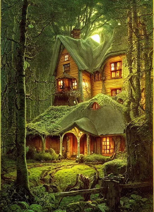 Image similar to hyper realistic homely witch cottage rococo in the woods gorgeous lighting, highly detailed, lush forest painting by norman rockwell, james gurney zdzisław beksinski and norman rockwell and greg rutkowskiweta studio