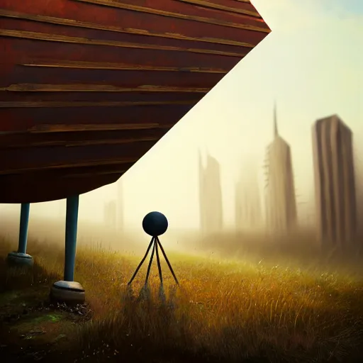 Prompt: a walking wood and metal house with two mechanical legs and two eyes, rust, hyperrealistic, highly detailed, cinematic, single ray of sun, morning, fog, city in background, beautiful, cgssociety, artstation, 8 k, oil painting, digital art