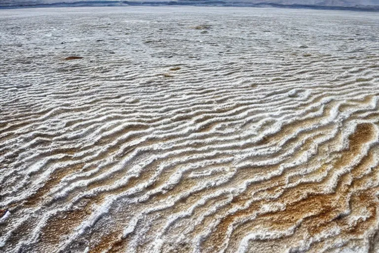 Image similar to salt deposits of the dead sea, striped beach, salt cristals and sand, artistic vacation photo, trending on artstation.