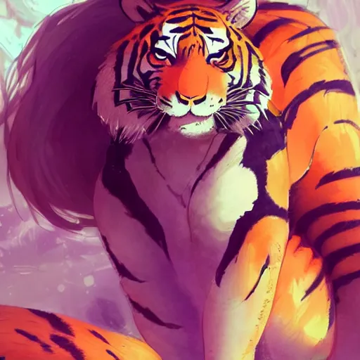 Image similar to a tiger wearing a dress, illustration concept art anime key visual trending pixiv fanbox by wlop and greg rutkowski and makoto shinkai and studio ghibli and kyoto animation symmetrical facial features