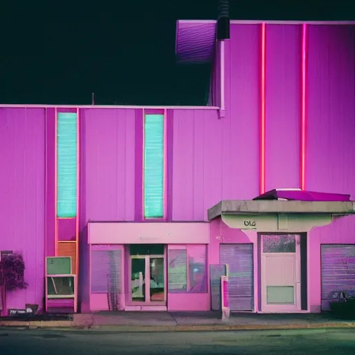 Prompt: A still of the exterior of a seedy motel, lit up in neon pink and purple; the camera is positioned low to the ground, making the building look taller and more imposing. Fujifilm Natura 1600.