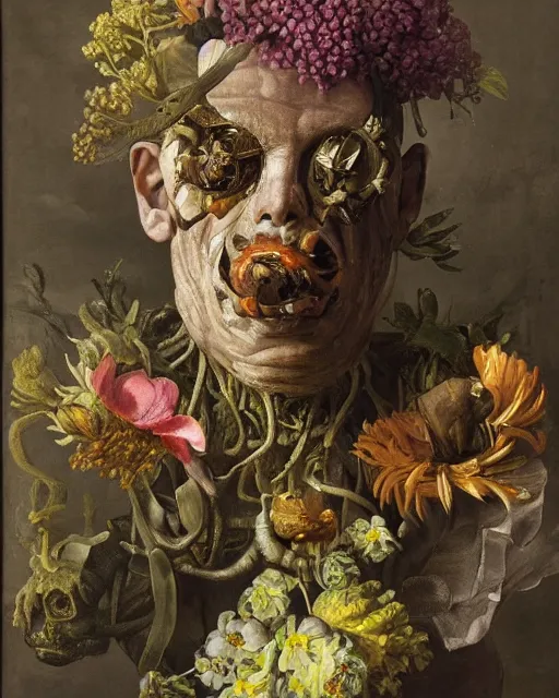 Prompt: oil painting portrait of a mutant man with a strange disturbing face made of flowers and insects by otto marseus van schriek rachel ruysch dutch golden age