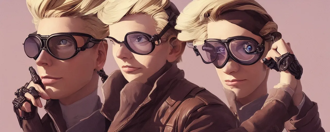 Image similar to stoic heroic emotionless butch blonde woman aviator with short slicked - back hair, wearing dark - lensed victorian goggles, wearing brown leather jacket, moebius, rough paper, behance hd by jesper ejsing, by rhads, makoto shinkai and lois van baarle, ilya kuvshinov, rossdraws global illumination.