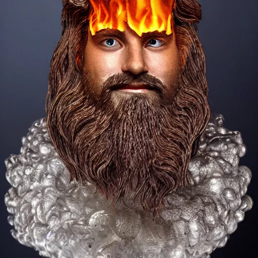 Prompt: a flawless, purely fire sculpture of a man with long hair, with trimmed beard, smiling widely. sculpture made of fire, extremely detailed, award-winning art, trending on Artstation