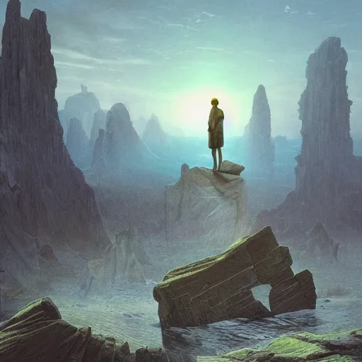 Image similar to David Friedrich, scifi landscape, hyperrealistic surrealism, award winning masterpiece with incredible details, epic stunning, infinity pool, a surreal vaporwave liminal space, highly detailed, trending on ArtStation, artgerm and greg rutkowski and alphonse mucha, daily deviation, IAMAG, broken giant marble head statue ruins, golden hour