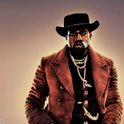 Prompt: Kanye West as Django in 'Django Unchained', splash art, movie still, cinematic lighting, detailed face, dramatic, octane render, long lens, shallow depth of field, bokeh, anamorphic lens flare, 8k, hyper detailed, 35mm film grain