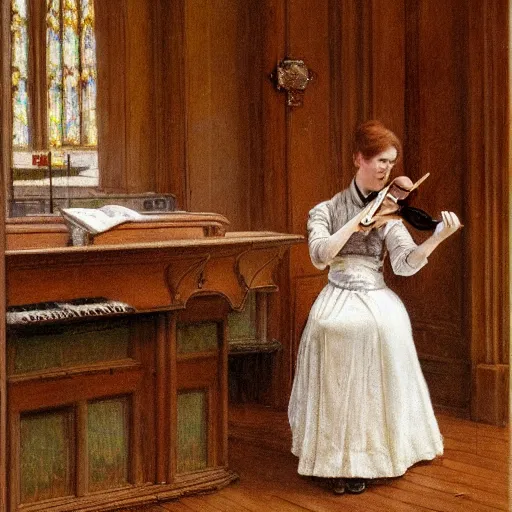 Prompt: A young edwardian woman playing a violin inside a church, in the style of carl larsson