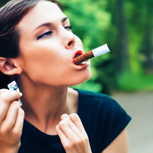 Image similar to woman smoking a cigarette, cigarette in mouth, smoking, smoking, smoking, smoking, smoking a cigarette, smoke, close up