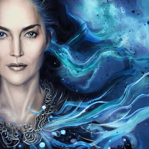 Image similar to masterpiece portrait of an aesthetic elegant mage woman, ice spell, 3 0 years old woman, sharon stone like, soft face, black dynamic hair, wearing silver diadem with blue gems inlays, silver necklace, painting by joachim bergauer and magali villeneuve, atmospheric effects, chaotic blue sparks dynamics in the background, intricate, artstation, instagram, fantasy