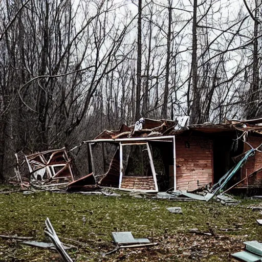 Prompt: a destroyed shack in the woods
