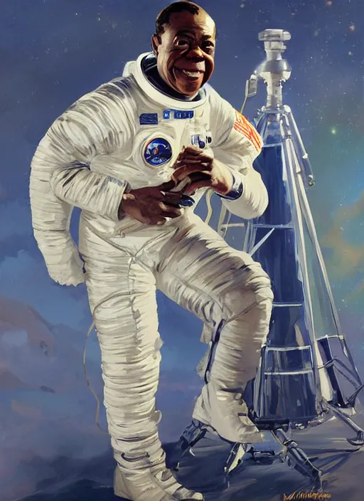 Prompt: a portrait of louis armstrong wearing a space suit on the moon, by greg manchess and john singer sargent and jonathan yeo, dramatic lighting, highly detailed digital painting