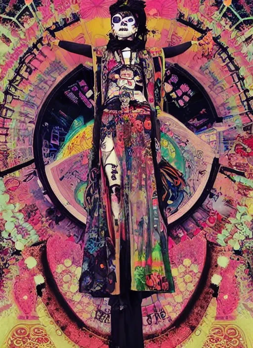 Image similar to cute punk goth fashion hippy fractal Día de los Muertos android girl wearing kimono made of circuits posing by Zhang Jingna, psychedelic poster art by Hannah Höch Käthe Köllwitz Victor Moscoso Rick Griffin Alphonse Mucha Edward Munch Ayami Kojima