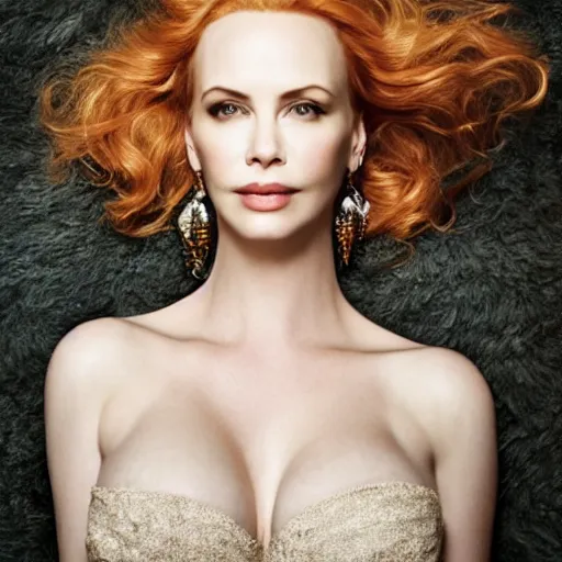 Prompt: portrait of christina hendricks and charlize theron hybrid by mario testino, 3 / 4 view, detailed, award winning, sony a 7 r