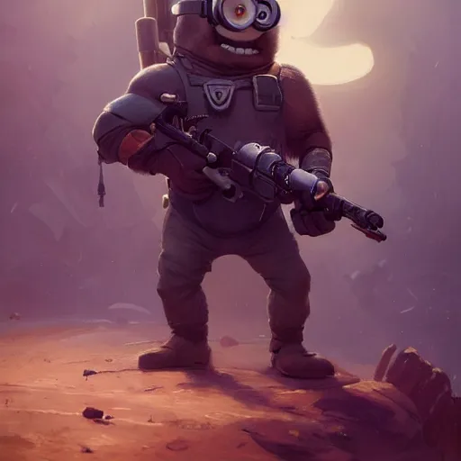 Prompt: cute minion holding a rocket launcher, illustrated by greg rutkowski and gaston bussiere, serious lighting, dramatic amtosphere, war - art style, photorealistic imagery, trending on artstation, 4 k, 8 k