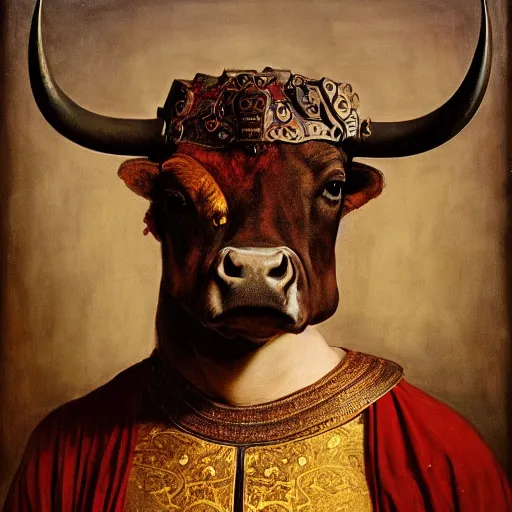 Prompt: a portrait of a bull wearing a armor, titian, sam spratt, maxfield parrish, gustav klimt, tom bagshaw, mark ryden, alphonse mucha, rembrandt, high quality, painting, oil