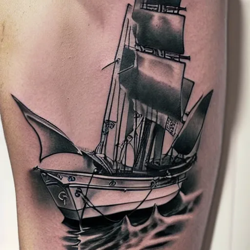 Prompt: realism tattoo print of a pirate ship, by Matteo Pasqualin tattoo artist, on white paper