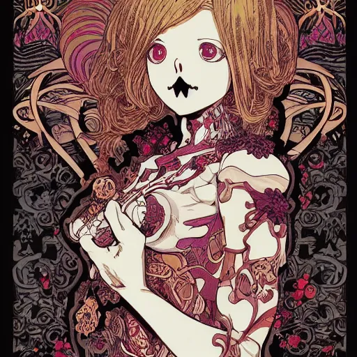 Prompt: anime manga skull portrait girl female skeleton illustration intricate detail patterns art Geof Darrow and Ashley wood and Ilya repin and alphonse mucha pop art nouveau