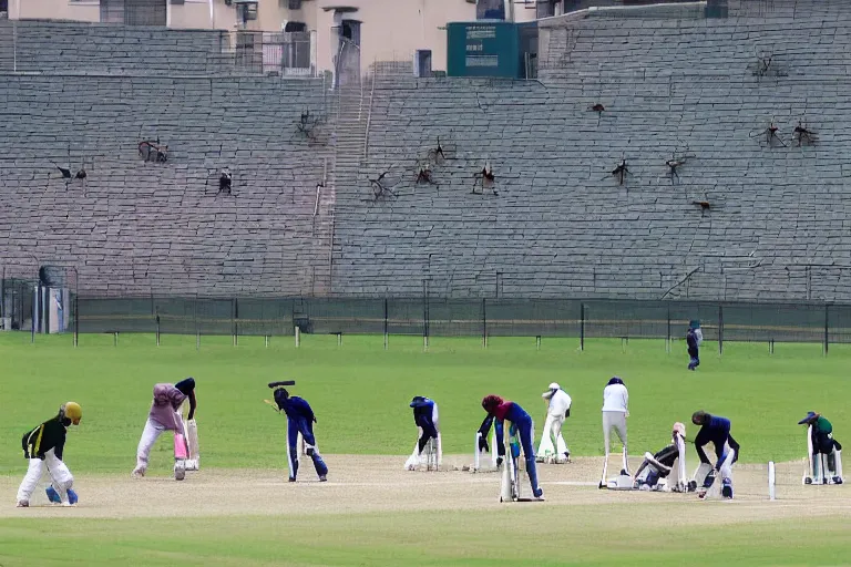 Image similar to a group of insects playing the sport of cricket