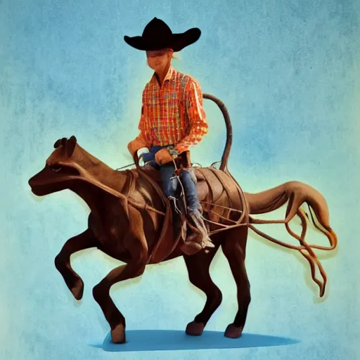 Image similar to a cowboy riding a giant cat, color, surreal