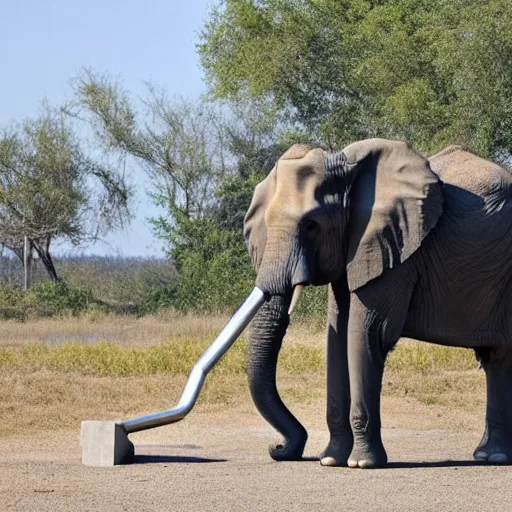 Image similar to elephant standing and holding a huge metal pipe