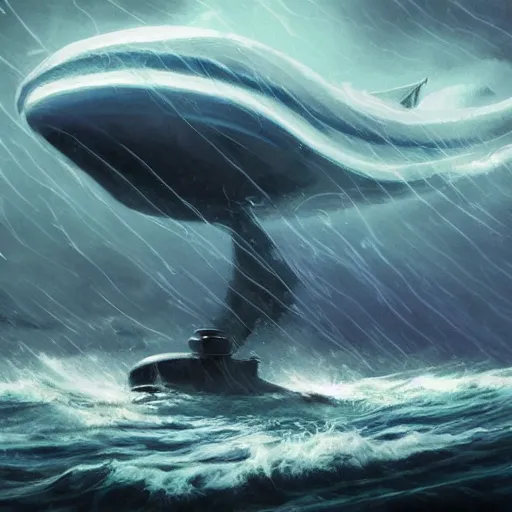 Image similar to concept art of the submarine Nautilus fighting against the giant squid during a storm in the sea, thunders and rain in background, 2d, dark, omnious, stormy, emotive, ornated, accurate, elaborate, illustration, digital art, concept art, trending on Art Station, art by Oliver Beck and 黄彦捷,