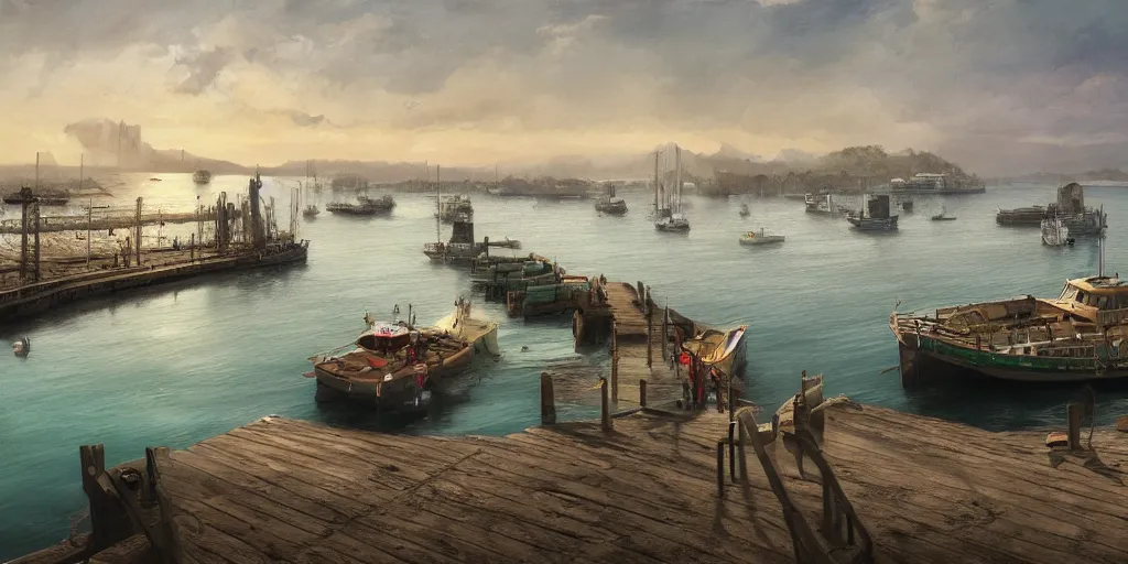 Image similar to wood dock, green car on dock, big fishing boat next to the dock with waving sailors. low angle, sunrise, a mediterranean phoenician fishing village in the distance, chalk cliffs above, highly detailed, digital painting, artstation, concept art, sharp focus, illustration, art by artgerm and raphael lacoste and magali villeneuve