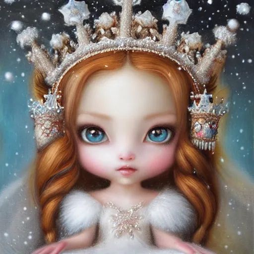 Image similar to highly detailed closeup portrait of a snow, ice princess, she is wearing a crown, she is sitting on a throne, fluffy bears are standing around, nicoletta ceccoli, mark ryden, lostfish, earl nore, global illumination, god rays, detailed and intricate environment