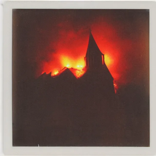 Prompt: polaroid photo of a firey explosion in a gothic church on a hill