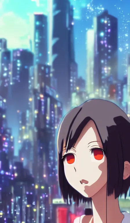 Image similar to anime fine details portrait of Momo Yaoyorozu in front of cyberpunk moder city landscape on the background deep bokeh, close-up view, anime masterpiece by Studio Ghibli. 8k, sharp high quality anime, artstation