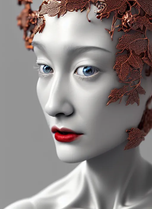 Image similar to complex 3d render ultra detailed of a beautiful porcelain profile woman face, mechanical cyborg, 150 mm, beautiful natural soft light, rim light, studio light, silver gold details, magnolia big leaves and stems, roots, fine foliage lace, mesh wire, intricate details, hyperrealistic, mandelbrot fractal, anatomical, red lips, white metal armor, facial muscles, cable wires, microchip, elegant, Alexander Mcqueen haute couture, octane render, H.R. Giger style, 8k