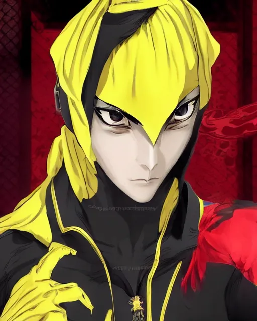 Image similar to Young Arabian half-human wolf. Dressed in yellow cloth. Portrait in Persona 5, Persona 5 style, anime