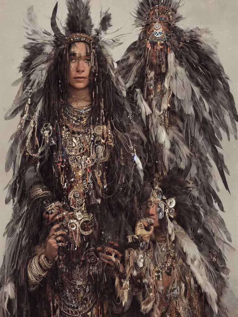 Image similar to A centered portrait of a wise and mystical shaman with a head dress made of feathers and beads with dark robes and trinkets of silver, by Greg Rutkowski, HD , trending on artstation