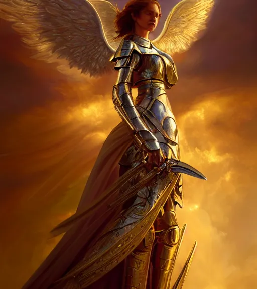 Prompt: A beautiful angel wearing metallic battle armor and a flaming sword, wing, among heavenly sunlit clouds, close-up shot, intricate, elegant, digital painting, golden hour, cinematic, trending on artstation, concept art, smooth, sharp focus, illustration, art by artgerm and Greg Rutkowski and Alphonse Mucha