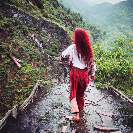 Image similar to define the character of a beautiful girl, messy long red hair, messy wet grey tribal clothes, short torn up pants, she is walking on a mountain and we see down in a deep valley a very poor old shanti town with wooden ruins, medieval time, heavy rain, late at night, mist, cinematic, 8 k,