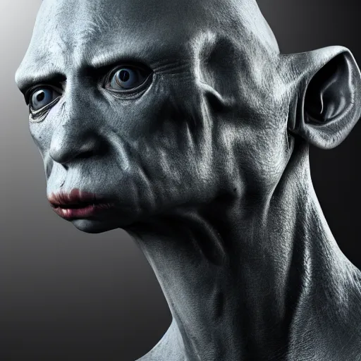 Image similar to photorealistic portrait of grey alien, big black eyes, complex lighting, highly detailed, 4 k