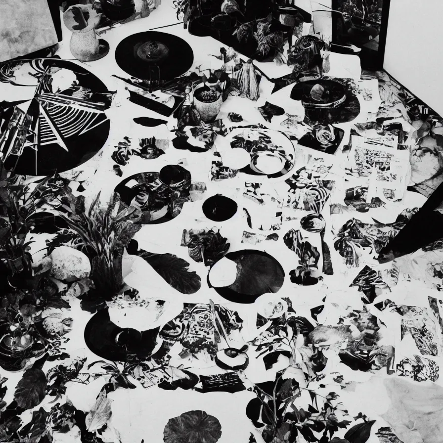 Image similar to A black and white photography of an exhibition space with objects of Sun Ra, Marcel Duchamp and tropical plants, 60s, offset lithography print, newspaper, detail, nature morte