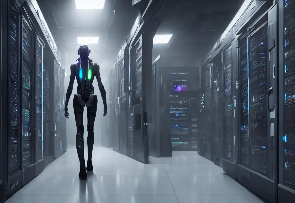 Prompt: by neil blomkamp android walking in server room in datacenter, shot by cyberpunk syle, character design, proportional body, whole body, whole figure, very realistic cinematic concept art, complementary color, realistic detailed, sharp lines, trending on artstation, volumetric lighting, octane render