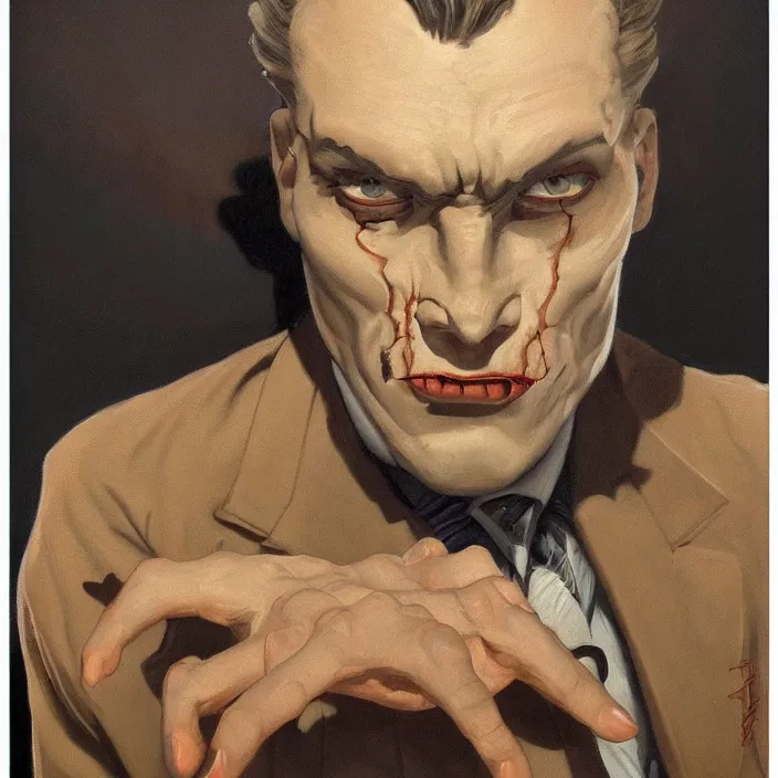 Image similar to excellent painted portrait of a terrifying evil inhuman shadowy monster in a 1940s vintage suit, high quality painting, 8k resolution, trending on artstation, octane render, art by artgerm and greg rutkowski and alphonse mucha and craig mullins and James Jean and Andrei Riabovitchev and Marc Simonetti and peter mohrbacher, sharp focus, smooth