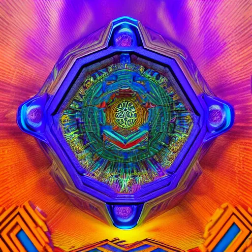 Image similar to dmt realm, a dmt object centered in the image, cover art, colors: blue, orange, violet, green, yellow, sharp focus, with intricate egiptian details all around , octane render, unreal engine, artstation